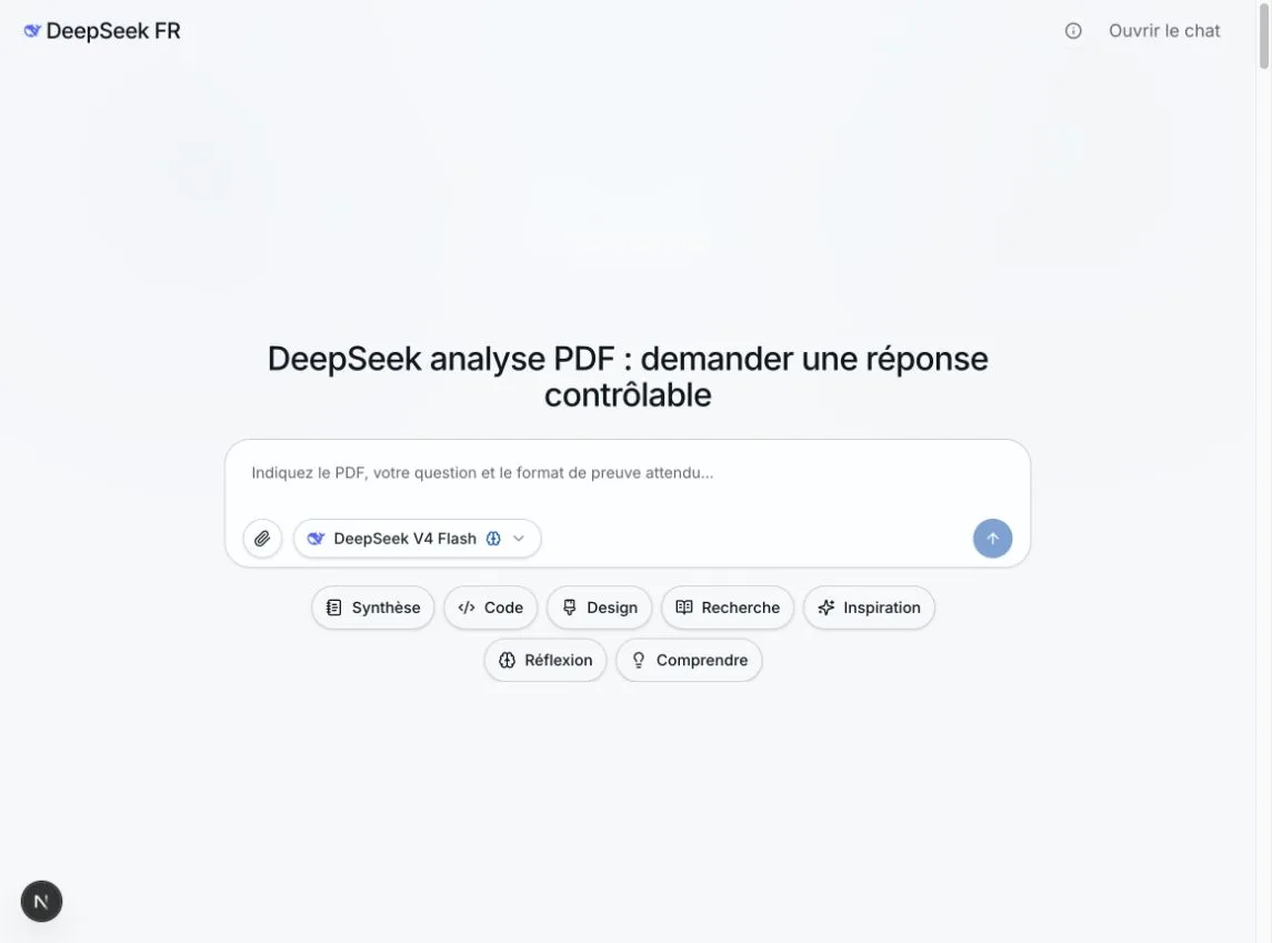 Interface de chat DeepSeek FR demandant une analyse de PDF avec pages, citations et points à vérifier