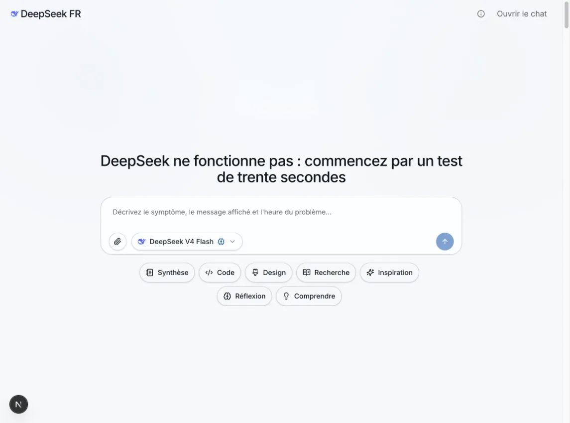 Interface DeepSeek FR montrant un diagnostic pas à pas d'une conversation qui ne répond pas