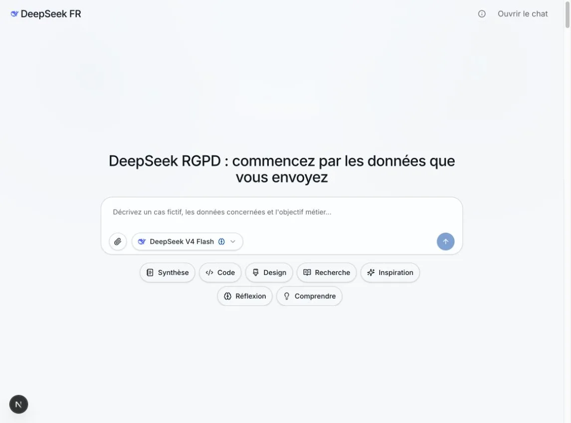 Interface DeepSeek FR avec une liste de contrôle RGPD avant l'envoi d'un prompt professionnel