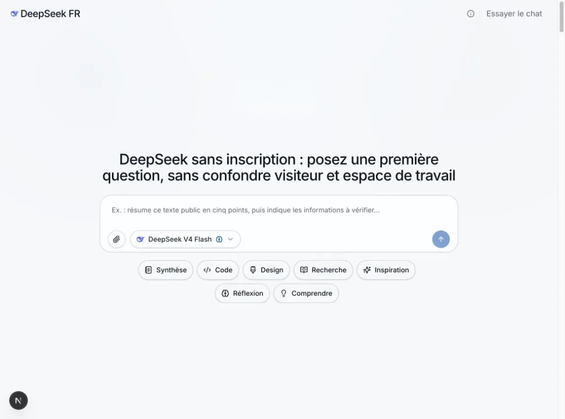 Interface DeepSeek FR en mode visiteur avec un chat sans inscription