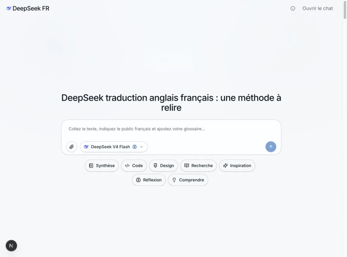 Interface de chat DeepSeek FR avec un prompt de traduction anglais-français, un glossaire et une demande de contrôle